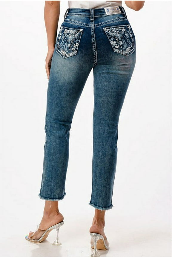 Women's Western Embroidered Steer Head Raw Hem Cropped Bootcut Stretch Jeans (29)