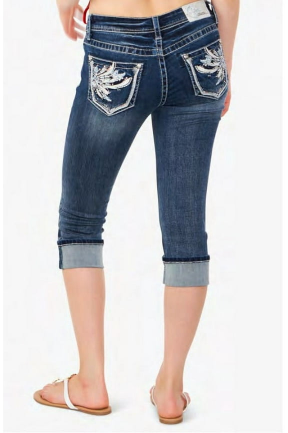 Women's Western Feather Embroidered Crystal Embellished Capri Stretch Jeans (25)