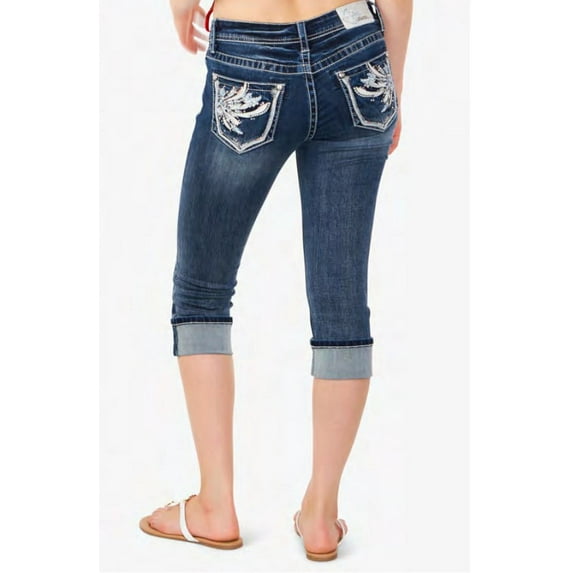 Grace in LA Women's Western Feather Embroidered Crystal Embellished Capri Stretch Jeans (26)