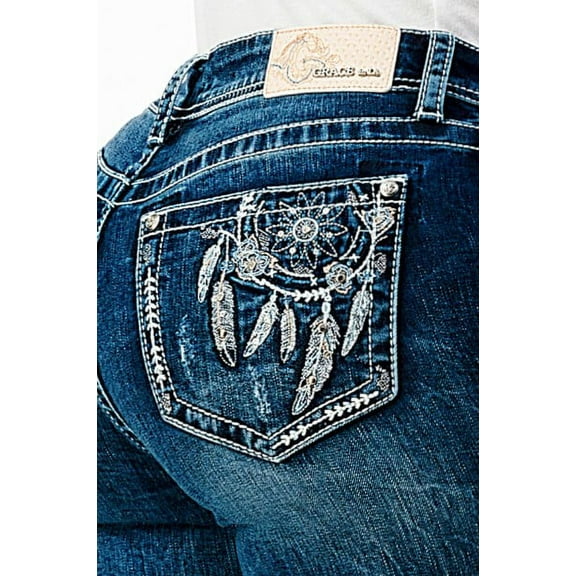 Grace in LA Women's Western Feather Embroidered Distressed Stretch Bootcut Jeans (29, Blue)