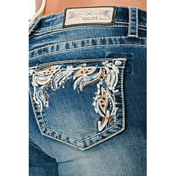 Grace in LA Women's Western Feather Embroidered Stonewashed Bootcut Jeans (28, Blue)