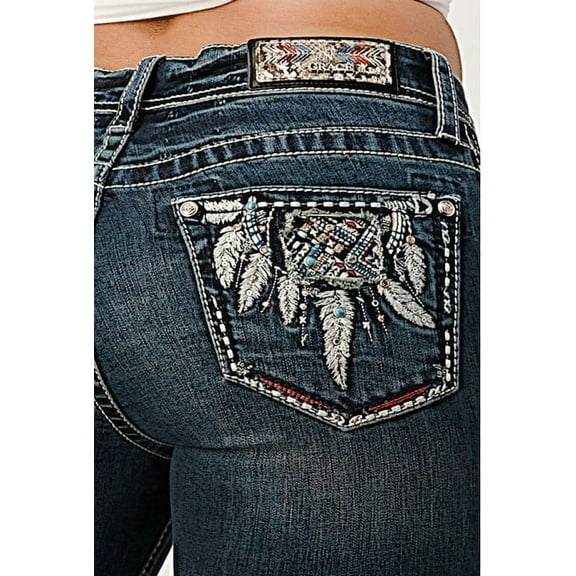 Grace in LA Women's Western Feather Insert Embellished Pockets Bootcut Stretch Jeans (28)
