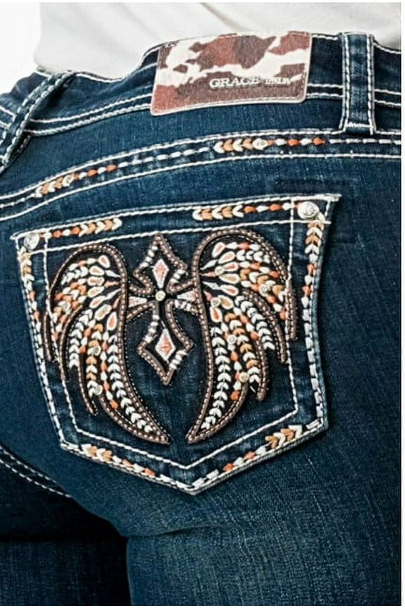Women's Western Feather Wing Cross Embroidered Stretch Bootcut Jeans (29, Dark Blue)