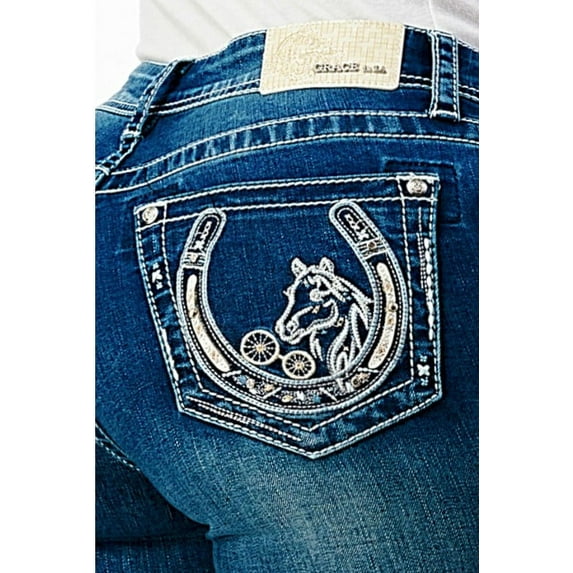 Grace in LA Women's Western Horse Embroidered Stretch Bootcut Jeans (25, Blue)