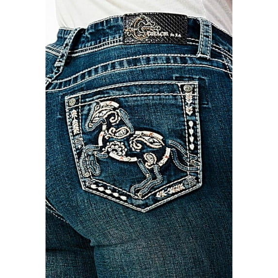 Grace in LA Women's Western Horse Embroidered Stretch Bootcut Jeans (29, Blue)