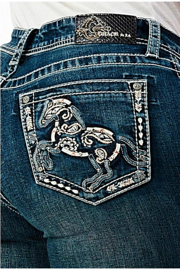 Women's Western Horse Embroidered Stretch Bootcut Jeans (30, Blue)