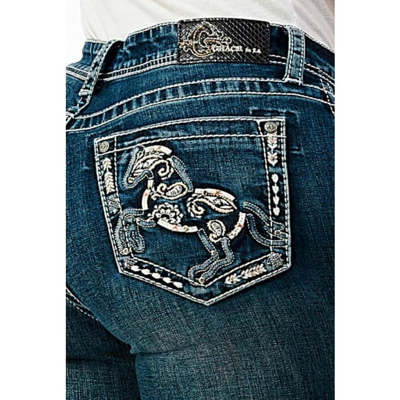 Grace in LA Women's Western Horse Embroidered Stretch Bootcut Jeans (32, Blue)