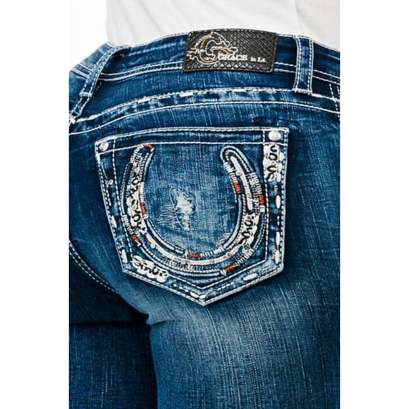 Grace in LA Women's Western Horseshoe Embroidered Stonewashed Bootcut Jeans (30, Blue Stonewashed)
