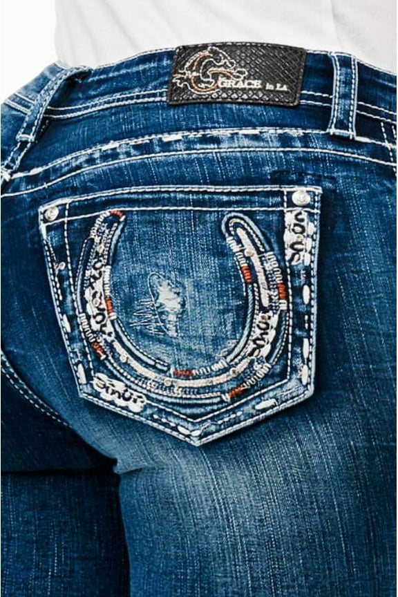 Women's Western Horseshoe Embroidered Stonewashed Bootcut Jeans (30, Blue Stonewashed)