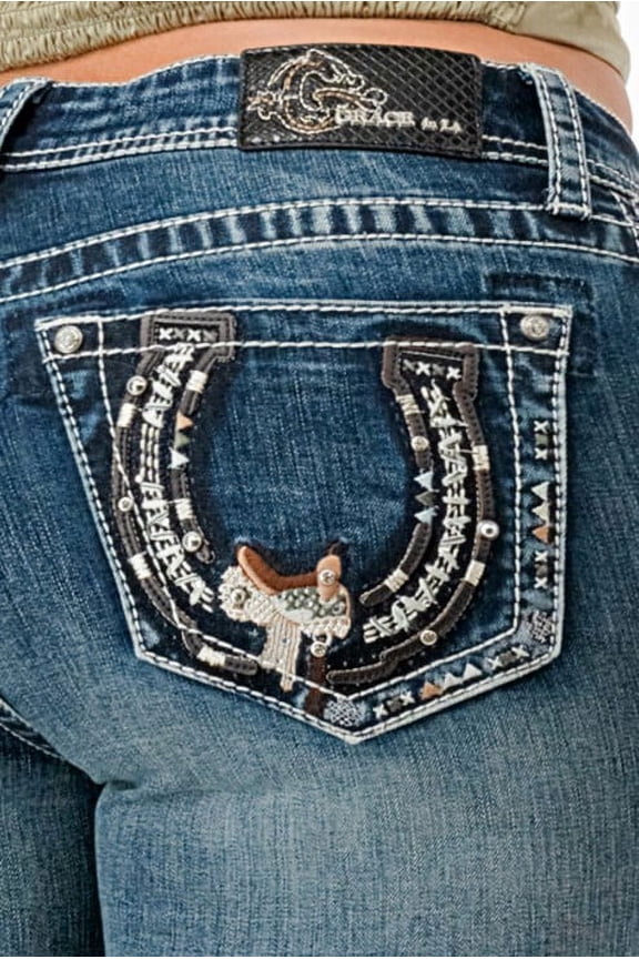 Women's Western Horseshoe Saddle Embroidered Bootcut Stretch Jeans (31, Blue Stonewashed)