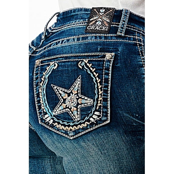 Grace in LA Women's Western Horseshoe Star Embroidered Stretch Bootcut Jeans (27, Blue)