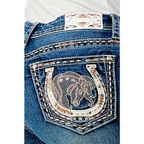 Grace in LA Women's Western Horseshow Bull Embroidered Stretch Bootcut Jeans (30, Blue)