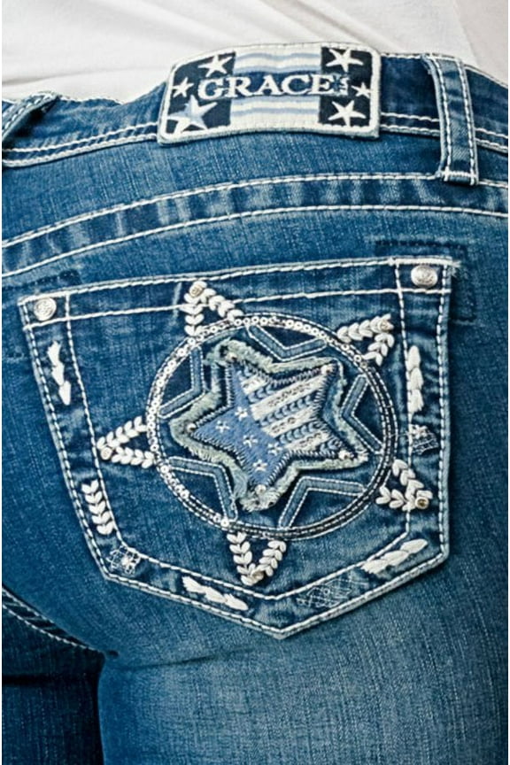 Women's Western Star USA Flag Embroidered Bootcut Stretch Jeans (30, Blue Stonewashed)