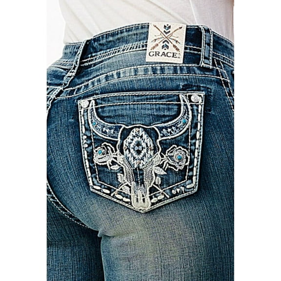Grace in LA Women's Western Steer Cow Head Embroidered Bootcut Stretch Jeans (31)