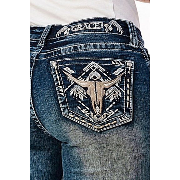 Grace in LA Women's Western Steer Head Embroidered Bootcut Stretch Jeans (27)