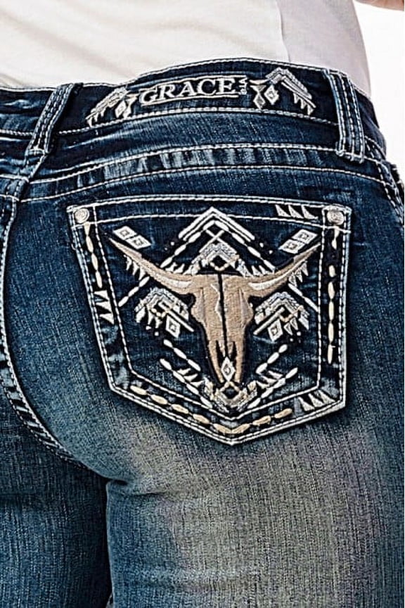 Women's Western Steer Head Embroidered Bootcut Stretch Jeans (27)