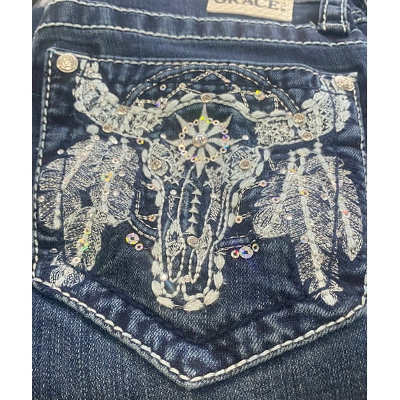 Grace in LA Women's Western Steer Head Feather Embellished Bootcut Stretch Jeans (30)