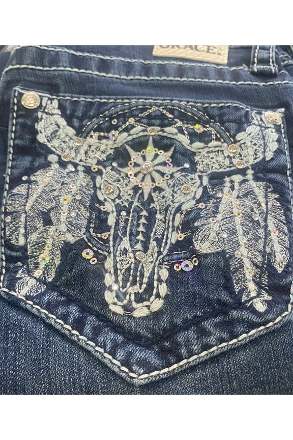 Women's Western Steer Head Feather Embellished Bootcut Stretch Jeans (33)