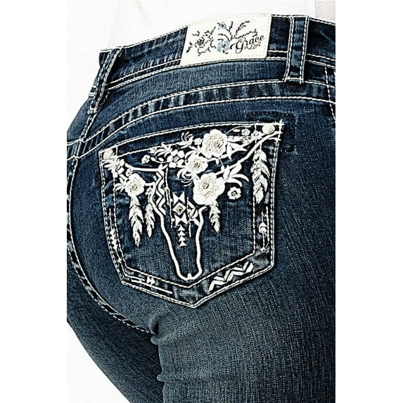 Grace in LA Women's Western Steer Head Rhinestone Embroidered Bootcut Stretch Jeans (27)