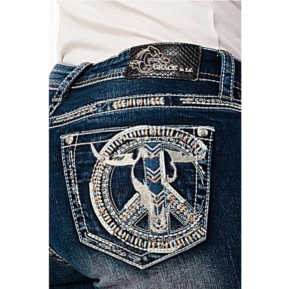 Grace in LA Women's Western Steerhead Cow Embroidered Stretch Bootcut Jeans (34, Blue)