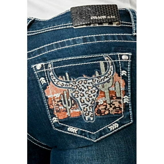 Grace in LA Women's Western Steerhead Desert Cactus Embroidered Bootcut Jeans (26, Blue)