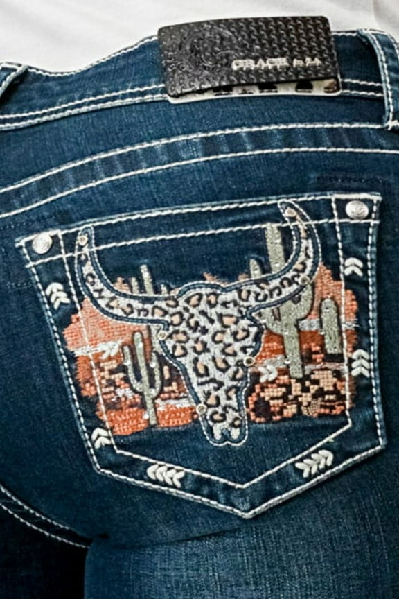 's Western Steerhead Desert Cactus Embroidered Bootcut Jeans (29, Blue)