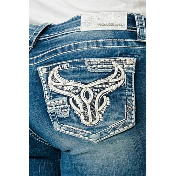 Grace in LA Women's Western Steerhead Embellished Embroidered Bootcut Jeans (32, Blue)