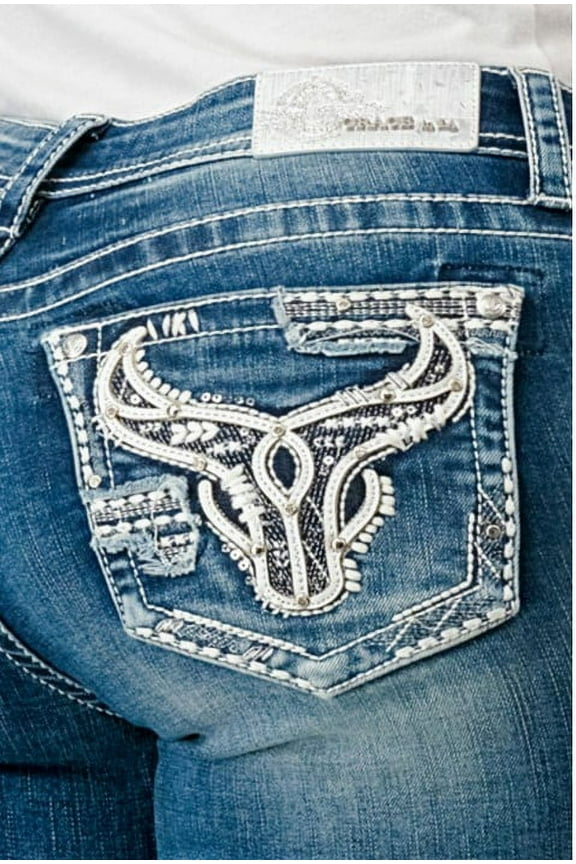 Women's Western Steerhead Embellished Embroidered Bootcut Jeans (32, Blue)