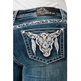 thumbnail image 1 of Grace in LA Women's Western Steerhead Feather Embroidered Stretch Bootcut Jeans (25, Blue), 1 of 3