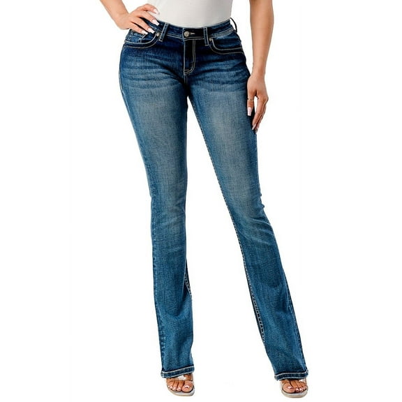 Grace in LA Women's Western Steerhead Feather Embroidered Stretch Bootcut Jeans (28, Blue)
