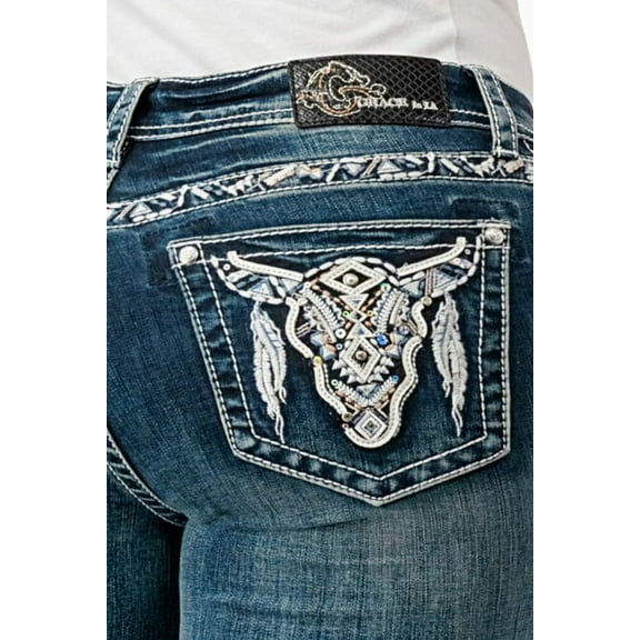Grace in LA Women's Western Steerhead Feather Embroidered Stretch Bootcut Jeans (29, Blue)
