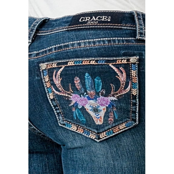 Grace in LA Women's Western Steerhead Rose Feather Embroidered Bootcut Jeans (33, Blue Stonewash)