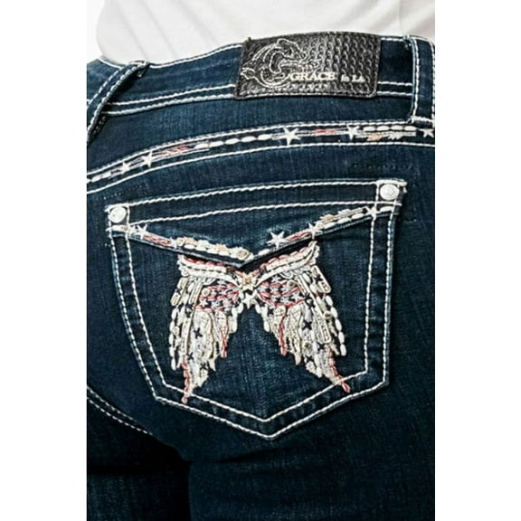 Grace in LA Women's Wing Embroidered Faux Flap Pocket Bootcut Stretch Jeans (25, Blue)
