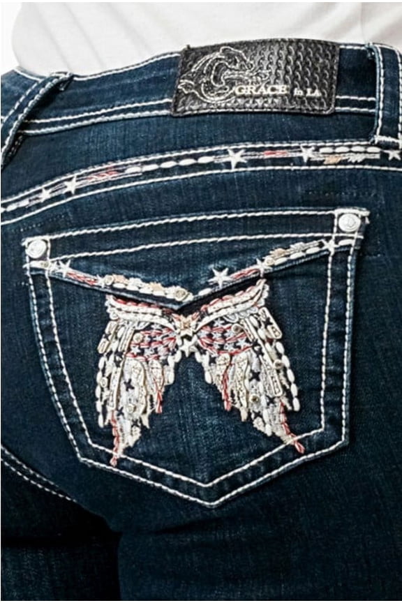 Women's Wing Embroidered Faux Flap Pocket Bootcut Stretch Jeans (27, Blue)