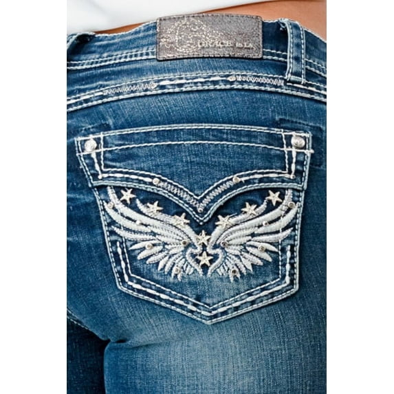 Grace in LA Women's Wing Star Embroidered Faux Pocket Stonewashed Bootcut Jeans (29, Blue Stonewashed)