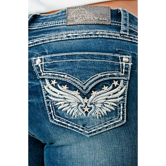 Grace in LA Women's Wing Star Embroidered Faux Pocket Stonewashed Bootcut Jeans (32, Blue Stonewashed)