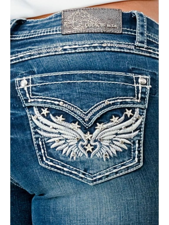 's Wing Star Embroidered Faux Pocket Stonewashed Bootcut Jeans (33, Blue Stonewashed)
