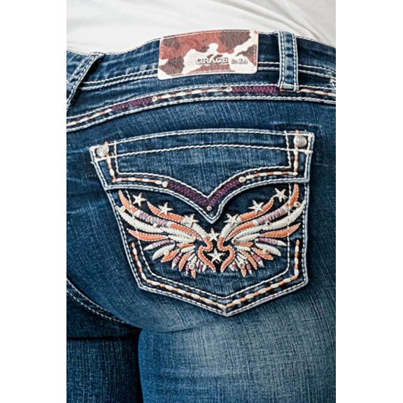 Grace in LA Women's Wing Star Faux Flap Pocket Embroidered Stretch Bootcut Jeans (25, Blue)