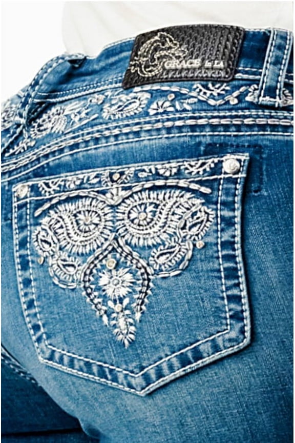 Women's Yoke Embroidered Pockets Stretch Bootcut Jeans (28, Blue Stonewash)