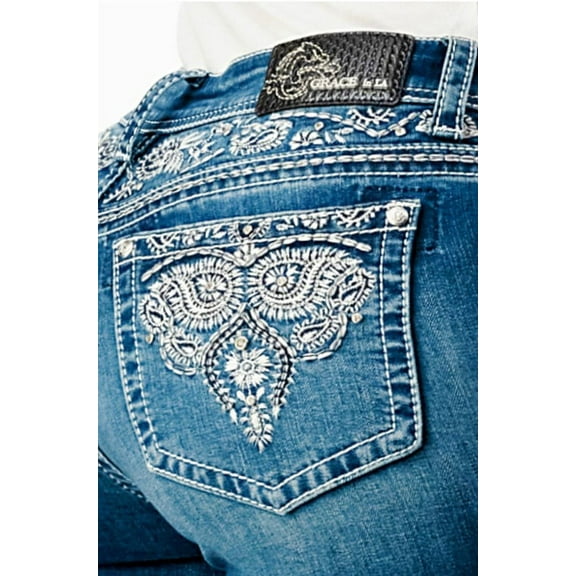 Grace in LA Women's Yoke Embroidered Pockets Stretch Bootcut Jeans (30, Blue Stonewash)