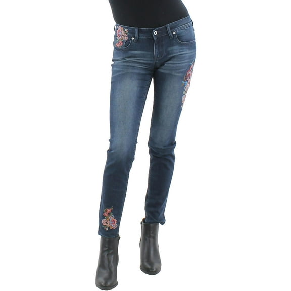 Grace in LA Womens Juniors Denim Embroidered Skinny Jeans