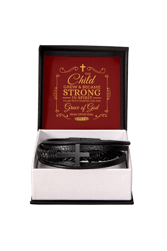 Grace of God Luke 2:40 Men's Stainless Steel & Vegan Leather Cross Bracelet - Vegan Leather with Stainless Steel