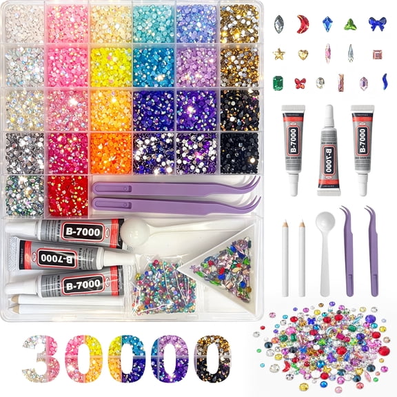 GraceGaze 30,000-Piece Resin Jelly Rhinestone Kit, 26 Colors 3mm Flatback Gems with 3 B-7000 Glue Tubes and Tools for Tumblers, Shoes, Clothing and Crafts