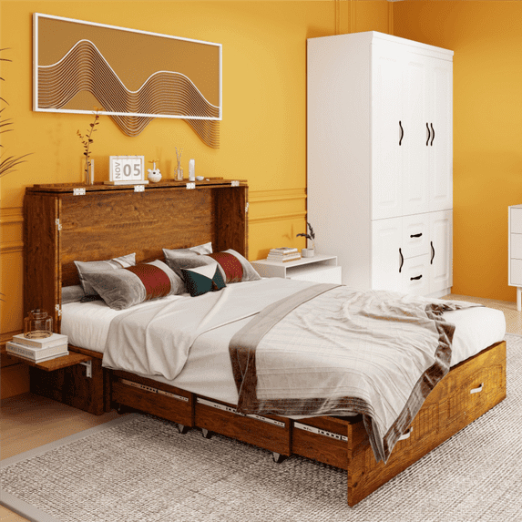 GraceGrove Murphy Bed with 2 USB Ports and Charging Station, Reddish-Brown Murphy Bed Twin with Storage Cabinet, Twin Size Murphy Bed with Drawers, Bedroom Cabinet Bed Guest Bed , Murphy Bed Cabinet