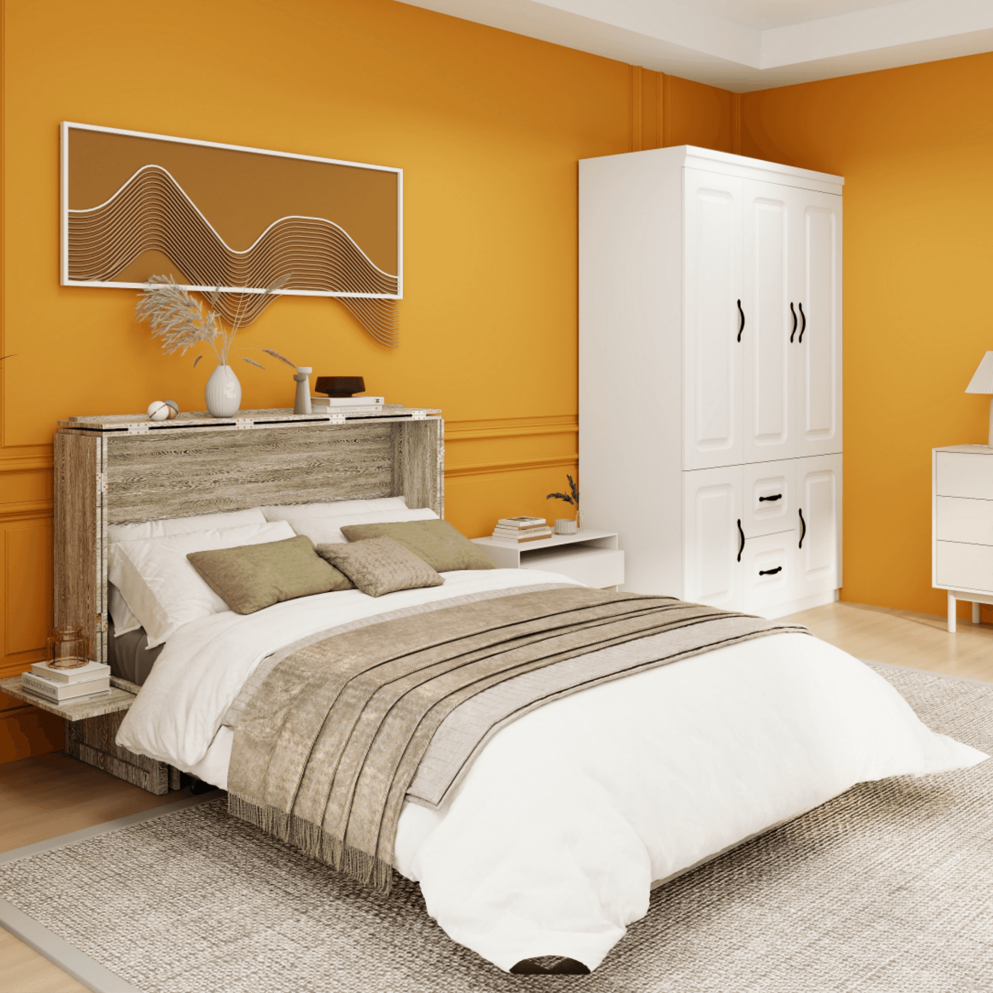 GraceGrove Murphy Bed with Folding Mattress, Murphy Bed Queen with Storage Cabinet, Queen Murphy Bed with 2 USB Ports and Charging Station, Bedroom Cabinet Bed, Light Gray Murphy Bed Cabinet