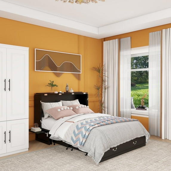 GraceGrove Queen Size Murphy Bed Cabinet, Queen Murphy Chest Cabinet Storage Bed with Drawer and 2 USB Charging Stations Guest Bed Space Saving Black