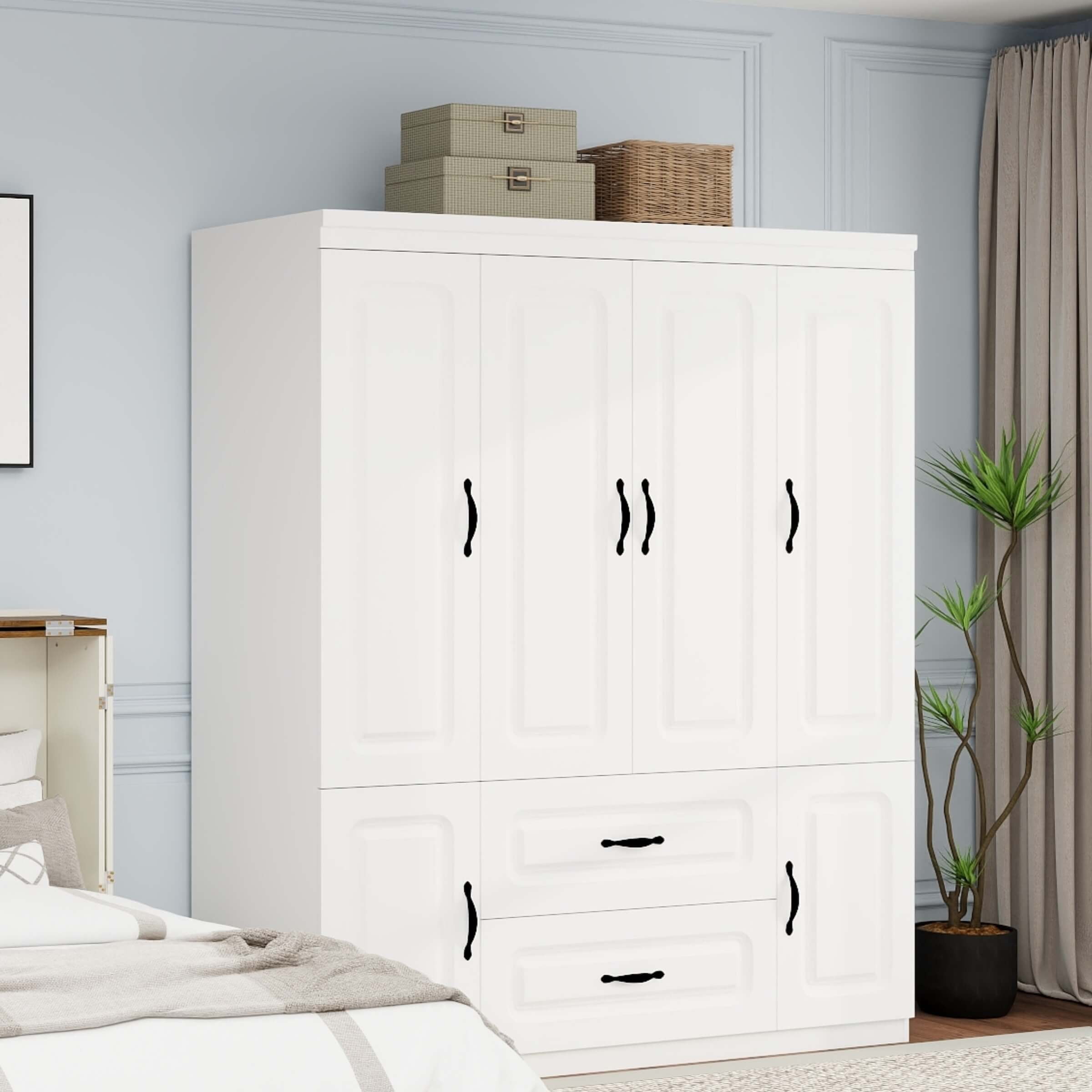 GraceGrove Wooden Armoire Wardrobe Closet with 4 Doors, 71" High Bedroom Wardrobe Closet with 2 Closet Drawers, Tall Cabinet Closet Wardrobe for Bedroom with Hanging Rod, Armoires and Wardrobes