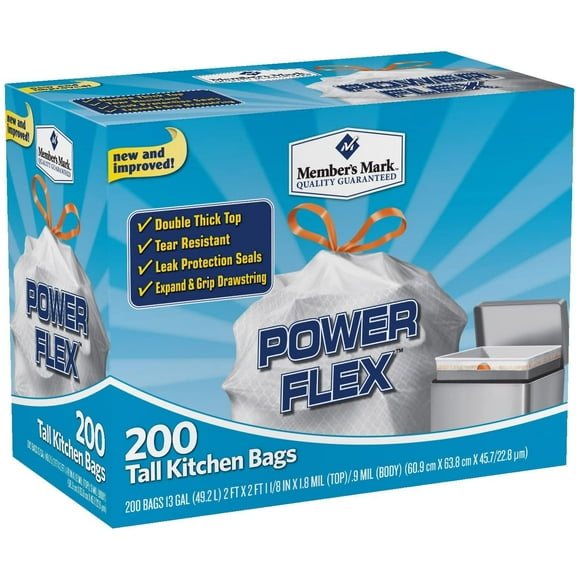 GraceHome-US 13 gal Power Flex, Leak Protection, Tall Kitchen Simple Fit Drawstring Bags (Flex Power)