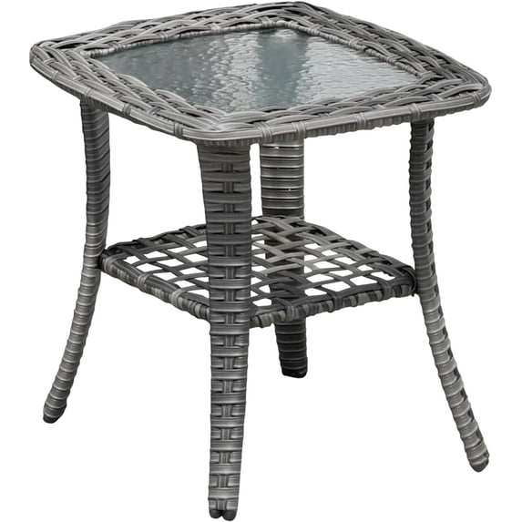 GraceHome-US Outdoor Side Table with Storage, 2 Tier Patio Wicker Rattan Coffee Table, Tempered Glass Top, End Table for Porch Deck Balcony Garden Poolside (Grey-Small Size)