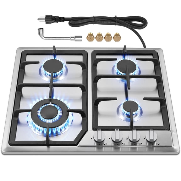 Graceall 24 inch Built-in Gas Stove with 4 Burners, Stainless Steel Gas Cooktop with Cast Iron Racks, NG/LPG Compatible Hob for Kitchen or RVs